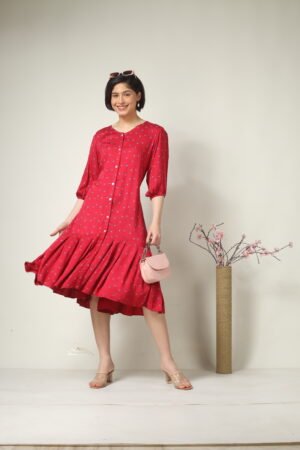 red ditsy floral midi dress