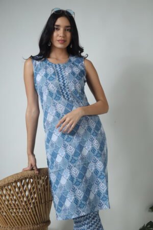 blue patchwork sleeveless kurta