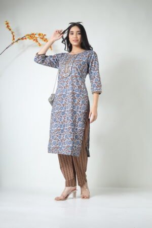 powder blue floral block print kurta